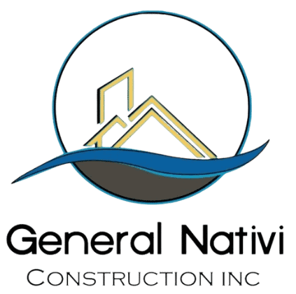 Logo for General Nativi Construction Inc., a leading general contractor, featuring a geometric house design inside a circle with blue and grey waves below. The company name is elegantly written beneath in black text.