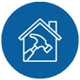 Icon of a house with a hammer inside, symbolizing home improvement, displayed on a blue circular background.