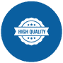 A blue circular badge with a white center featuring the words "HIGH QUALITY" in bold letters. The design includes decorative stars above and below the text.