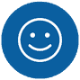 A simple, white smiley face icon on a blue circular background.