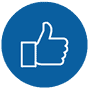 A blue circle with a white outline of a thumbs-up hand gesture in the center.