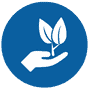 Icon of a white hand holding a small plant with two leaves, set against a blue circular background.