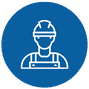 Icon of a construction worker wearing a hard hat and overalls, depicted in white lines on a blue circular background.