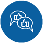 Two overlapping speech bubbles with thumbs-up symbols inside, set against a blue circular background.