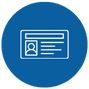 Icon of an ID card with a photo and text lines, enclosed in a blue circle.