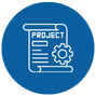 Icon with a blueprint labeled "Project" and a gear symbol on a blue circular background, representing project planning or development.