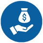 Icon of a white hand with an open palm holding a money bag with a dollar sign, set against a blue circular background.