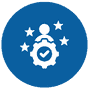 Icon of a person inside a gear with a checkmark, surrounded by three stars, all on a blue circular background.