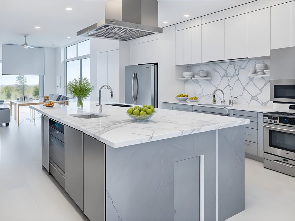 A modern kitchen with a large marble island, stainless steel appliances, and white cabinetry. A fruit bowl with green apples and a vase of flowers sit on the island. The backsplash features a geometric design, and large windows bring in natural light.